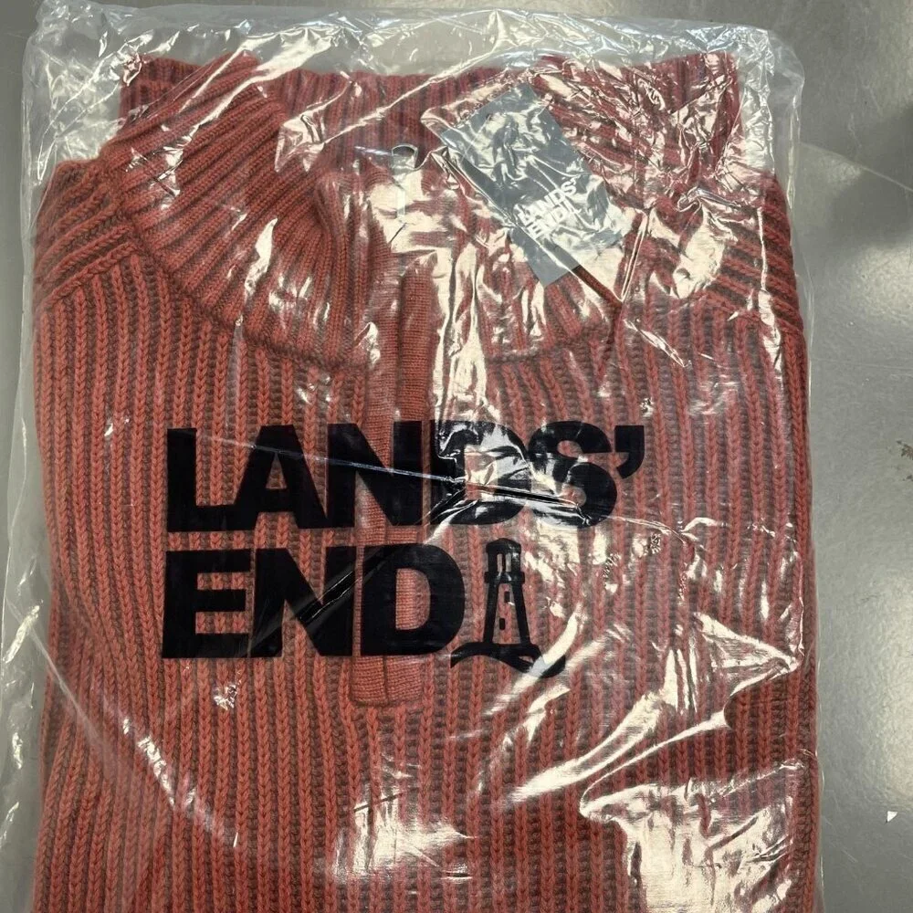 NEW Lands' End Drifter Men's L 1/4 Zip Ribbed Sweater Rust Red 100% Cotton